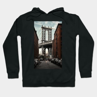 Famous view of the Manhattan Bridge from Washington Street in Dumbo, Brooklyn, New York City, USA Hoodie